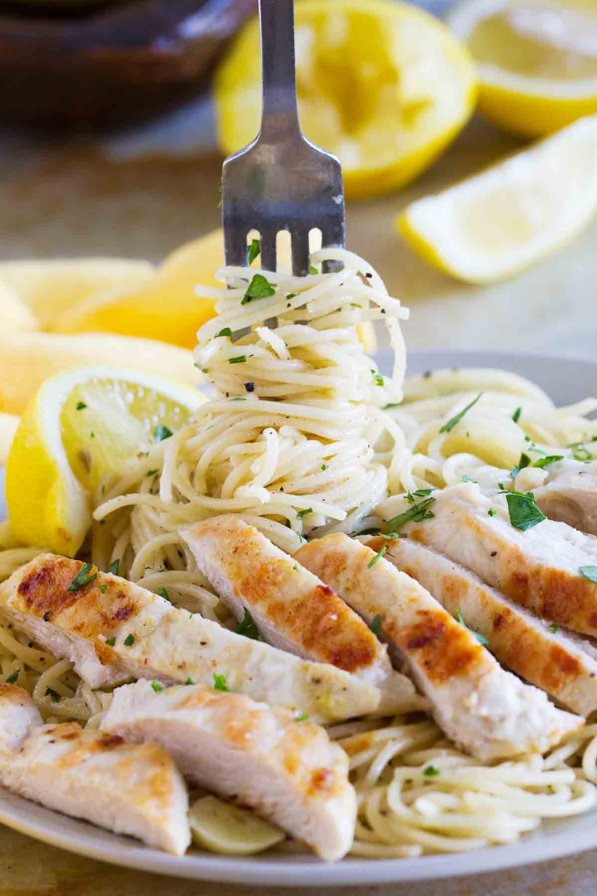 fork with pasta and chicken