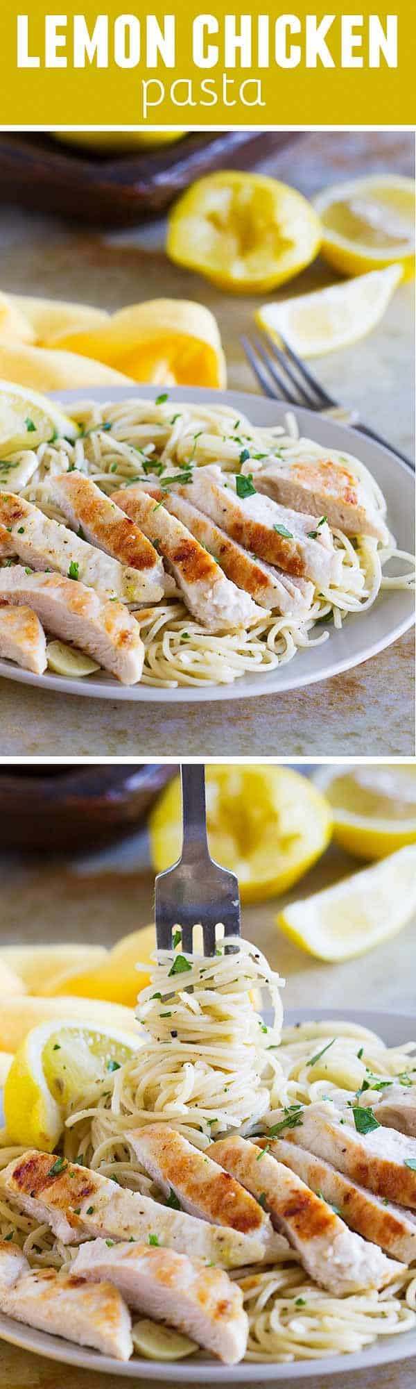 A light lemon flavor is the star of this pasta dish with lemon and garlic scented pasta, topped with a slightly crispy lemon chicken. This Lemon Chicken Pasta is a weeknight winner!