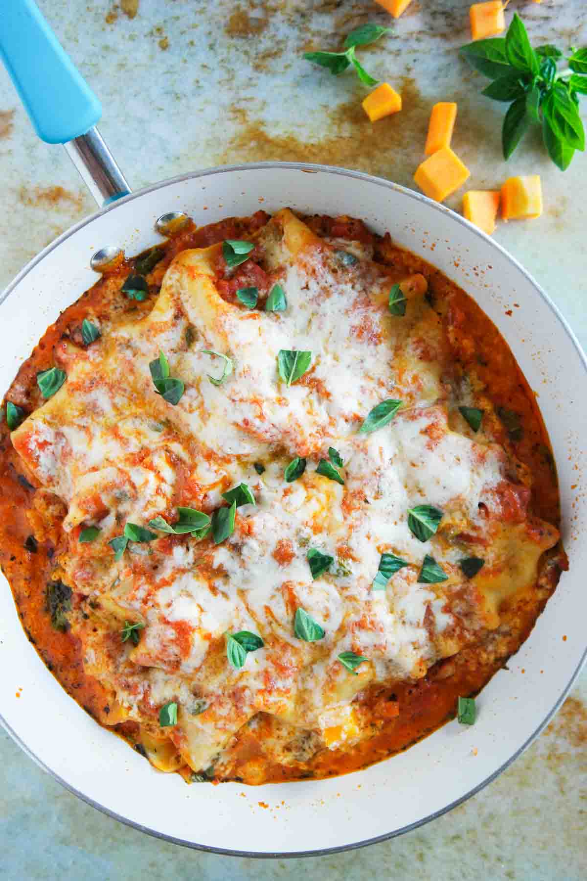 overhead view of skillet lasagna made with butternut squash