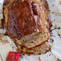 overhead view of Slow Cooker Turkey Meatloaf with a couple of slices cut