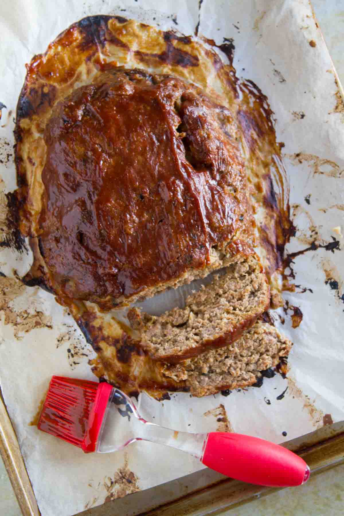 overhead view of Slow Cooker Turkey Meatloaf with a couple of slices cut