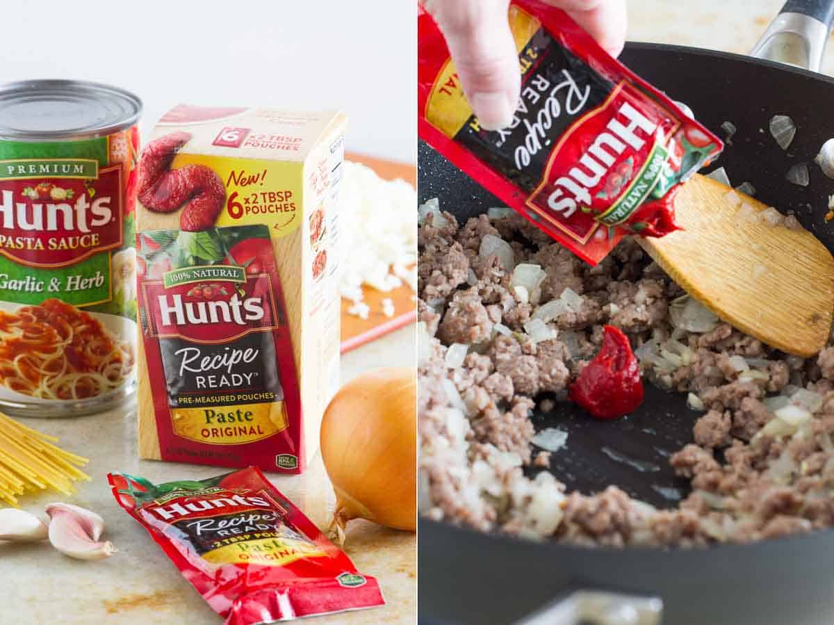Hunt's Tomato Paste packaging and adding the paste to ground beef.
