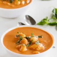 Two bowls filled with Creamy Slow Cooker Tomato Soup with Gnocchi.