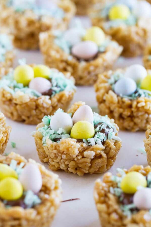 Easter Basket Scotcheroos with chocolate, coconut, and chocolate eggs.