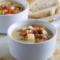 Two bowls of New England Chicken Corn Chowder.
