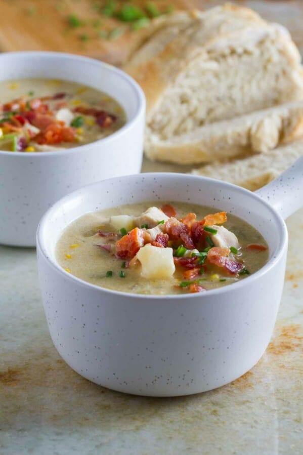 Two bowls of New England Chicken Corn Chowder.