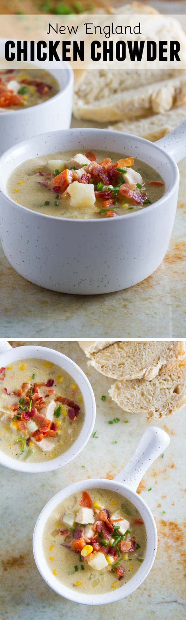 You’ve all had clam chowder, but what about this New England Chicken Chowder recipe? It combines your favorite New England chowder flavors like potatoes and bacon, but adds in crowd pleasing chicken. This chicken chowder recipe is creamy and comforting!