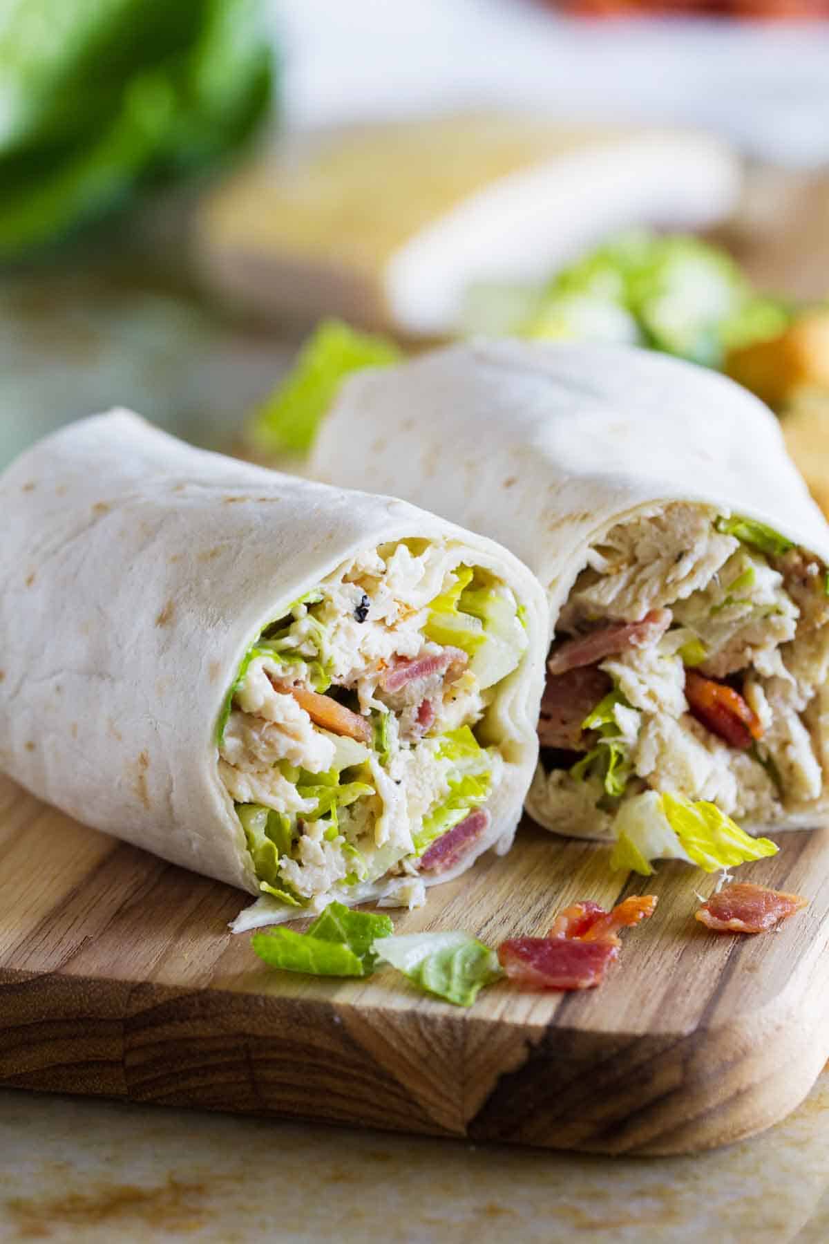 Chicken Caesar Wrap cut in half to show filling.