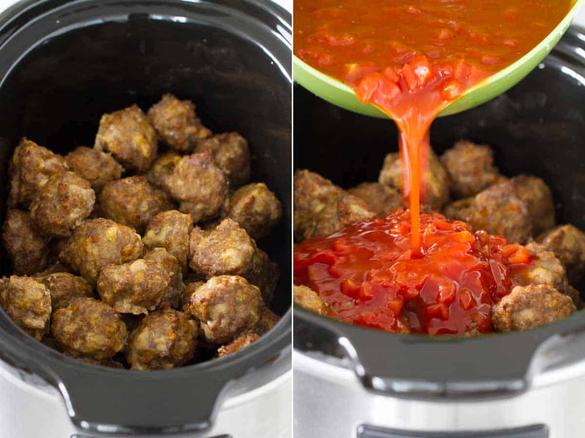 Adding meatballs to a slow cooker and then adding sauce.