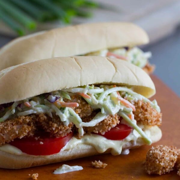 A delicious twist on a traditional po’boy sandwich, this Baked Shrimp Po’Boy with Pineapple Slaw is a great way to combine sweet and spicy. Spicy shrimp are topped with a cool pineapple slaw - perfect for a weeknight dinner!