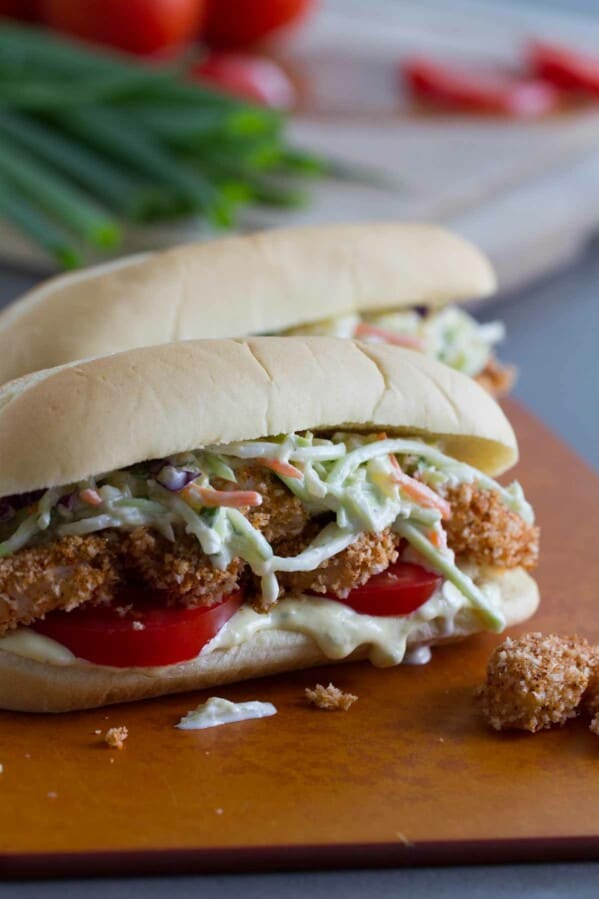 A delicious twist on a traditional po’boy sandwich, this Baked Shrimp Po’Boy with Pineapple Slaw is a great way to combine sweet and spicy. Spicy shrimp are topped with a cool pineapple slaw - perfect for a weeknight dinner!