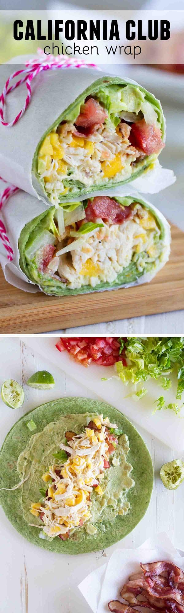 Shredded chicken, mango, avocado and bacon are the stars in this easy California Club Chicken Wrap that is perfect for a weeknight.