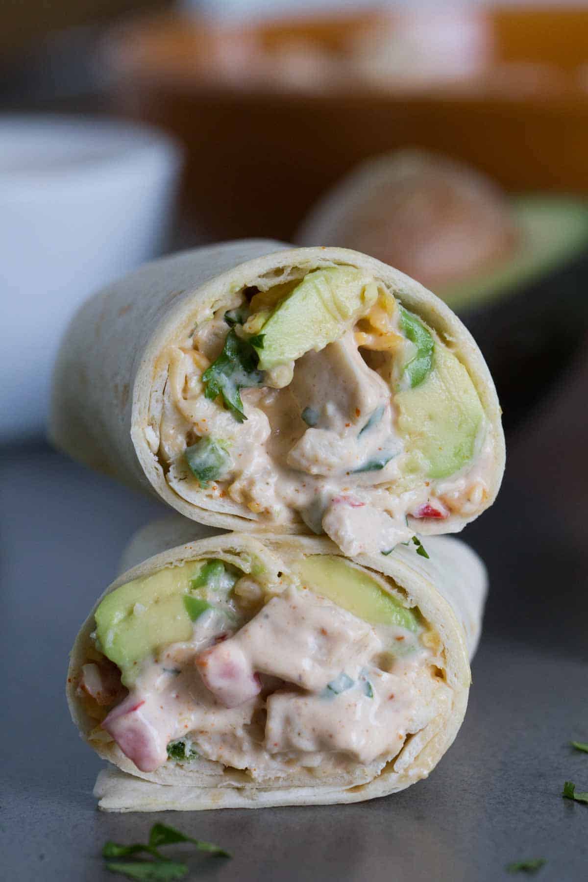 Tex-Mex chicken salad wrap cut in half and stacked.