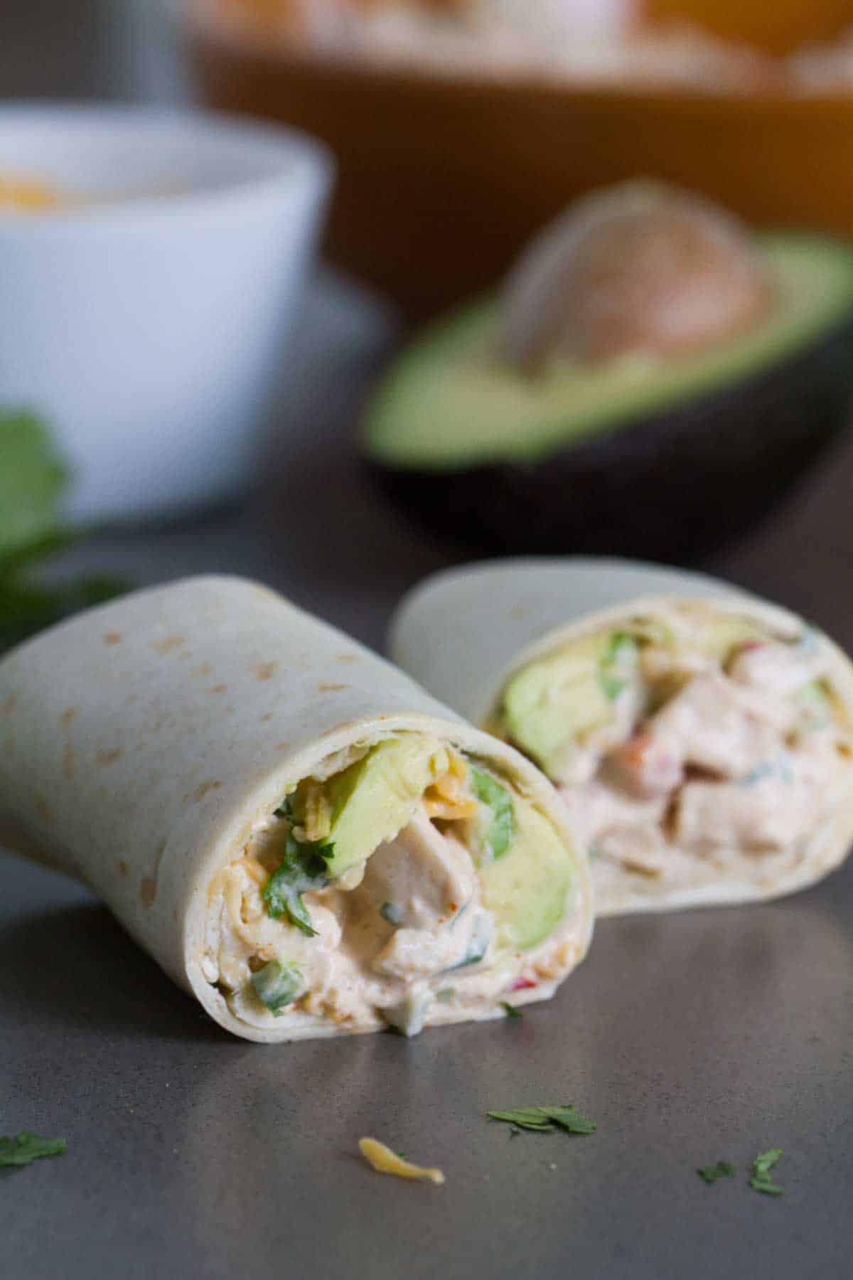Tex-Mex Chicken Salad Wrap cut in half to show filling.