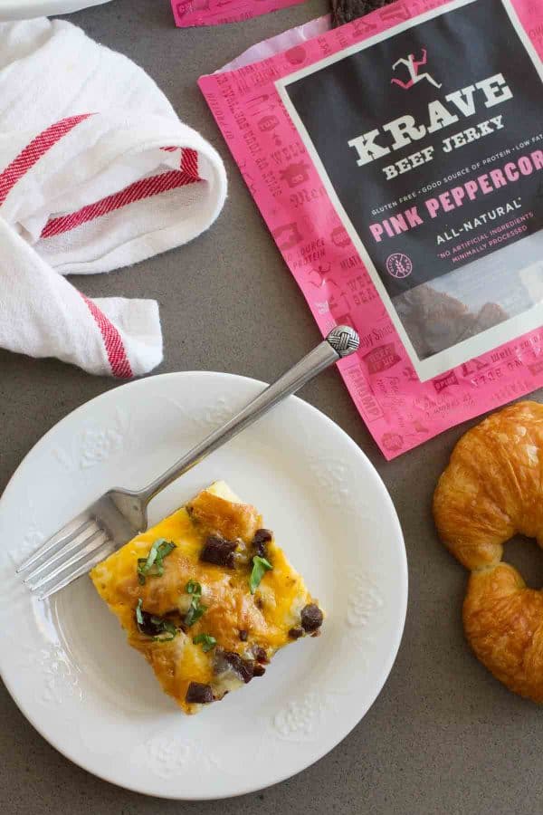 10 minutes prep the night before, and breakfast is a cinch in the morning! This Croissant Breakfast Casserole with Jerky and Cheddar is the perfect answer to busy mornings!