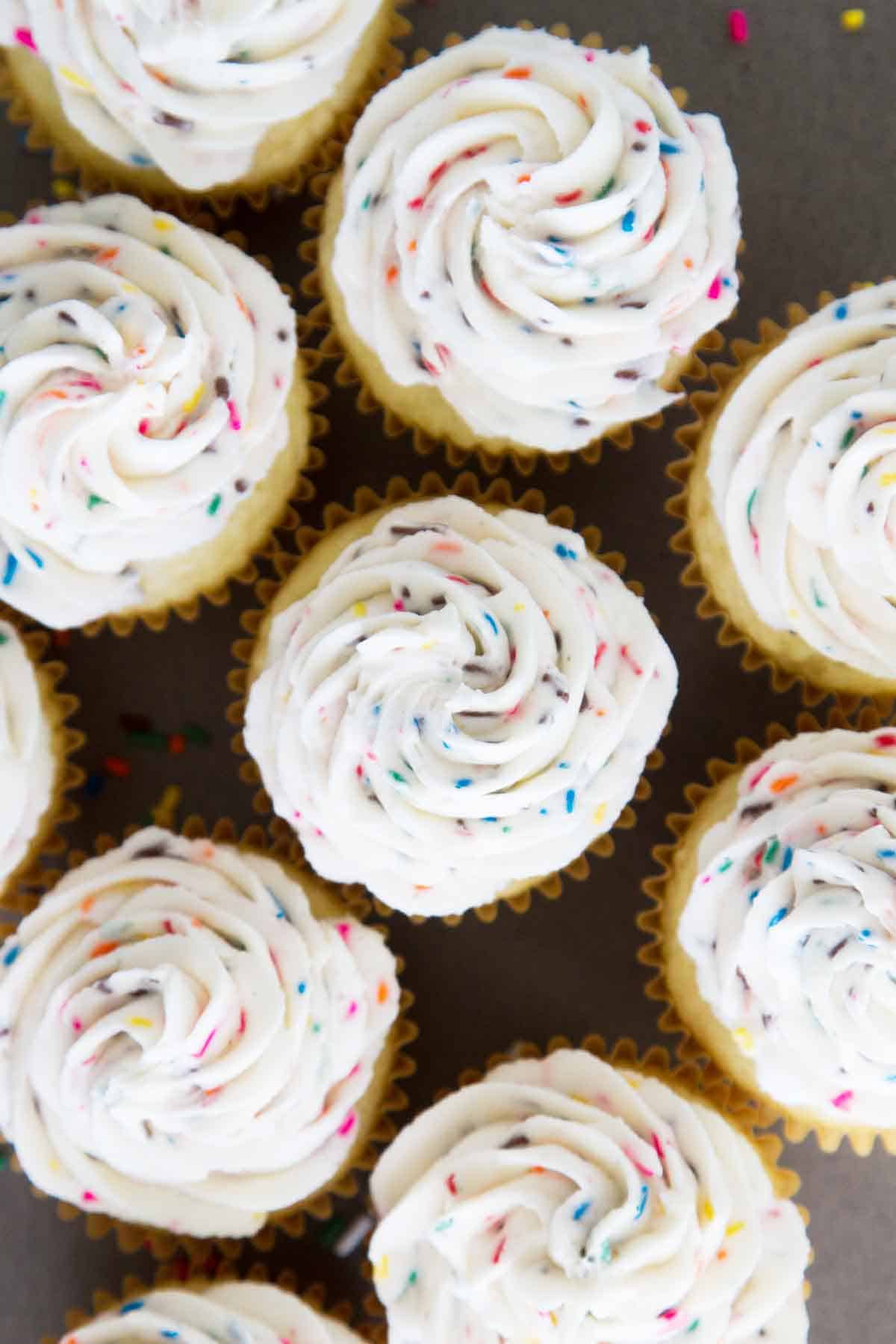 tops of cupcakes showing funfetti frosting
