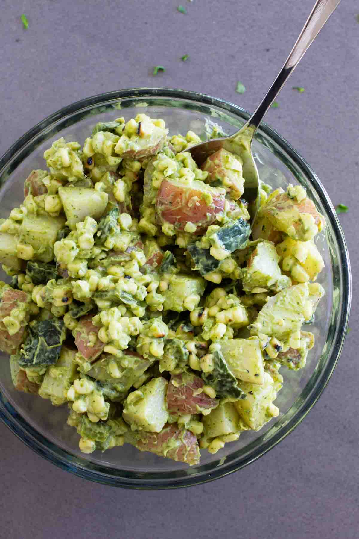 bowl full of Potato Salad with Corn and Poblanos