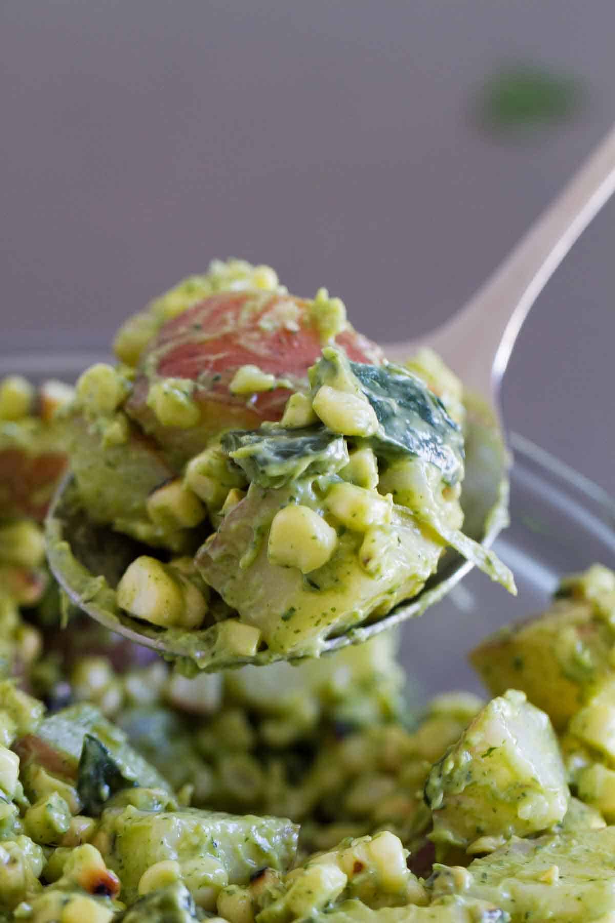 spoonful of Potato Salad with Corn and Poblanos