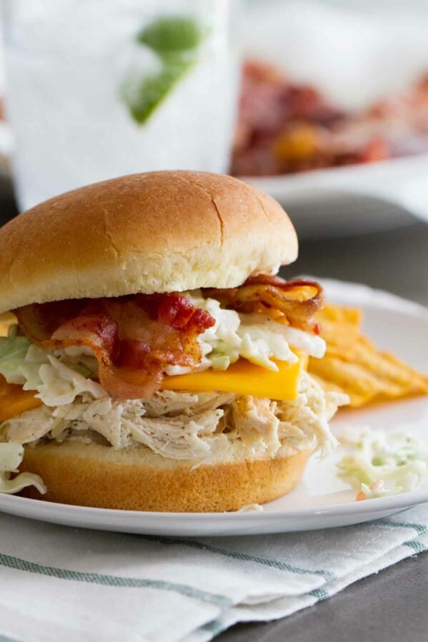 Ranch Chicken Sandwiches with Ranch Slaw on a plate with potato chips