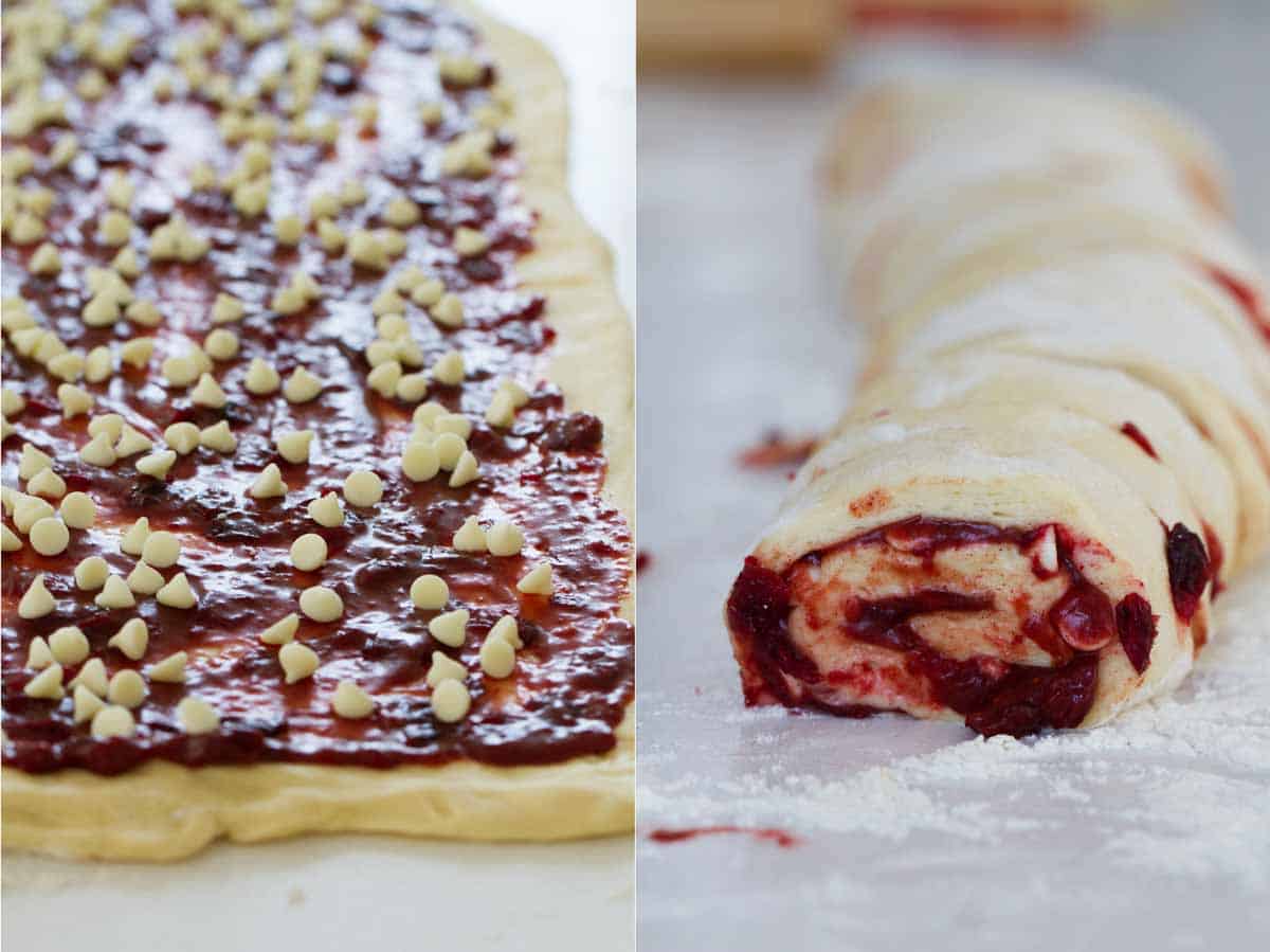 photos showing filling and rolling cranberry cinnamon rolls