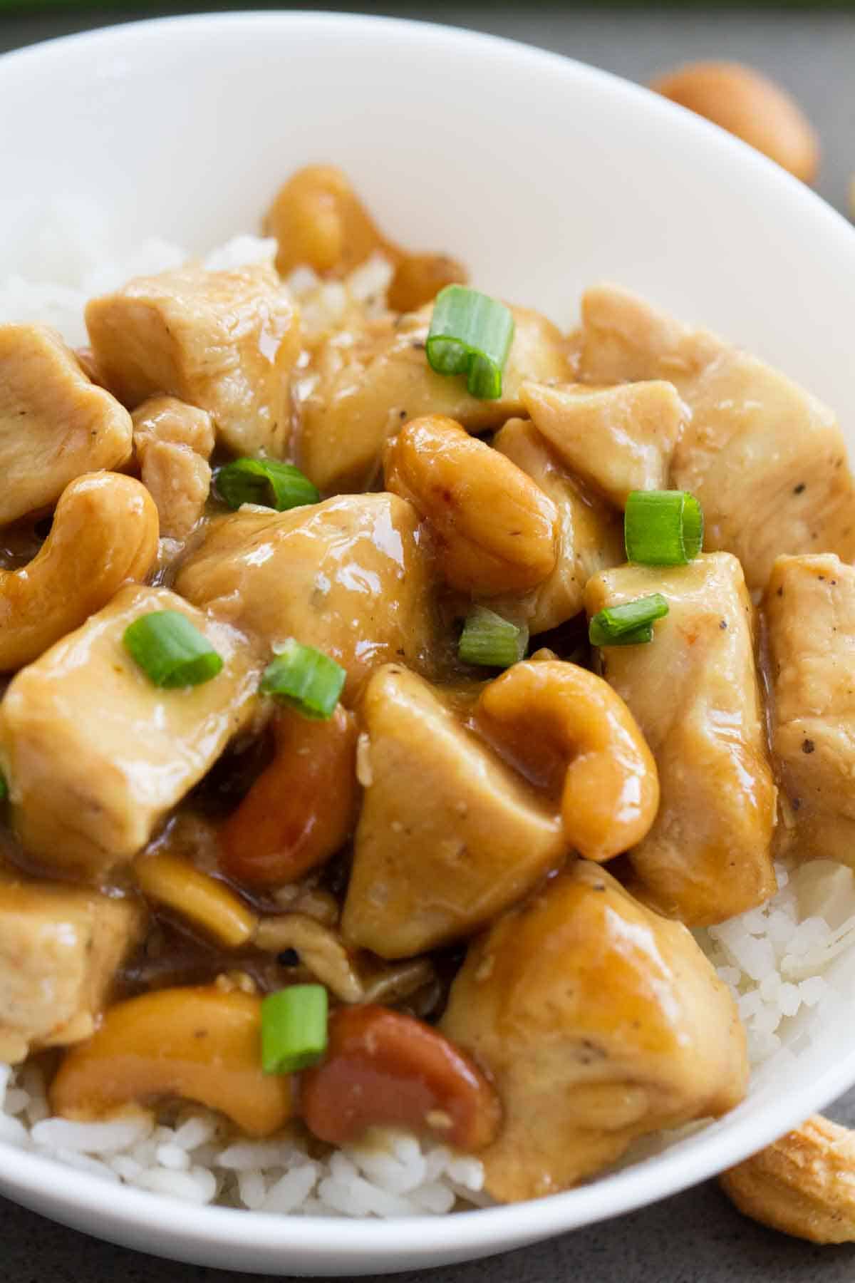 close up view of cashew chicken over rice