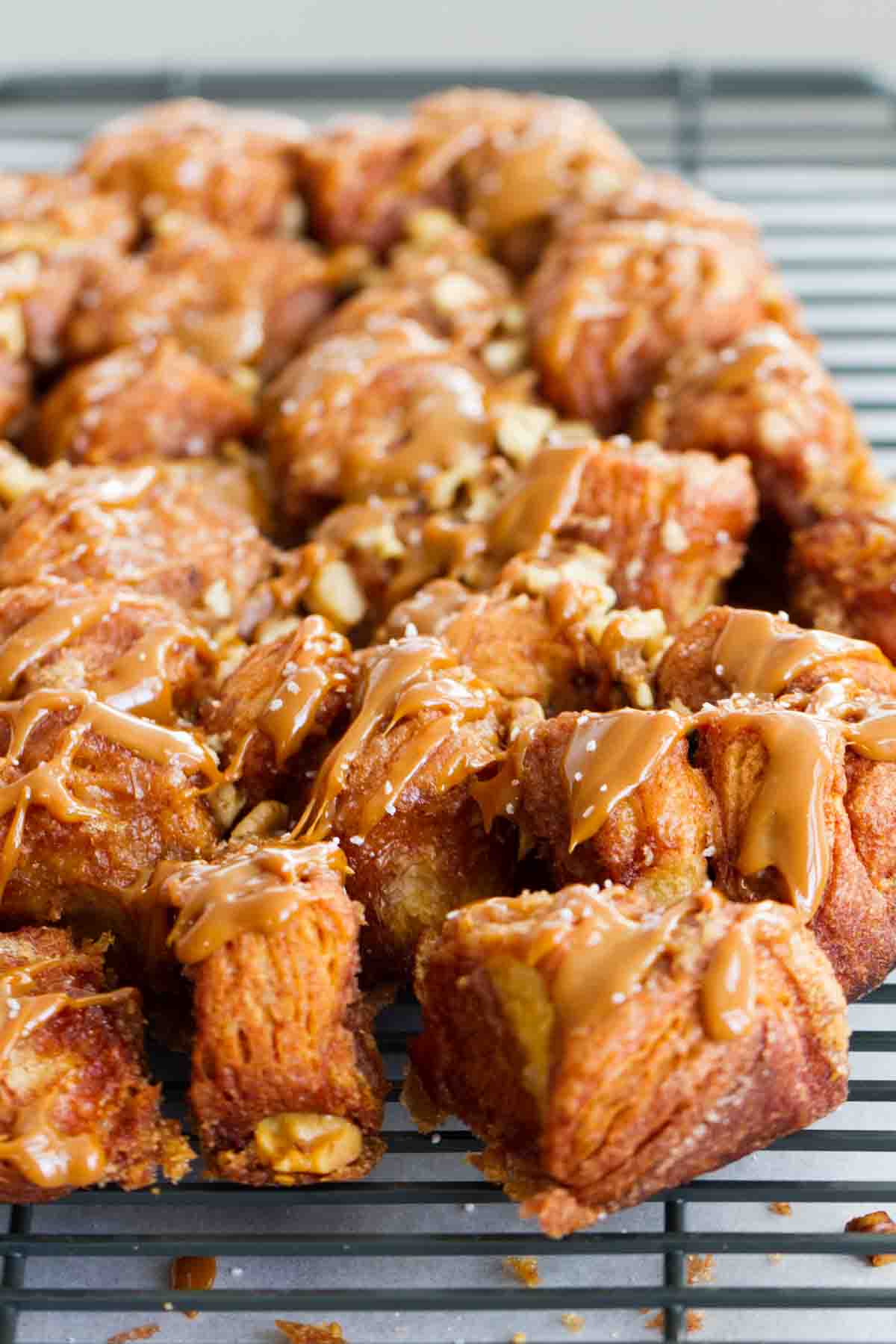 slow cooker monkey bread topped with salted caramel