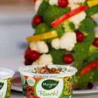Bacon Chive Ranch Dip in front of a Veggie Christmas Tree.