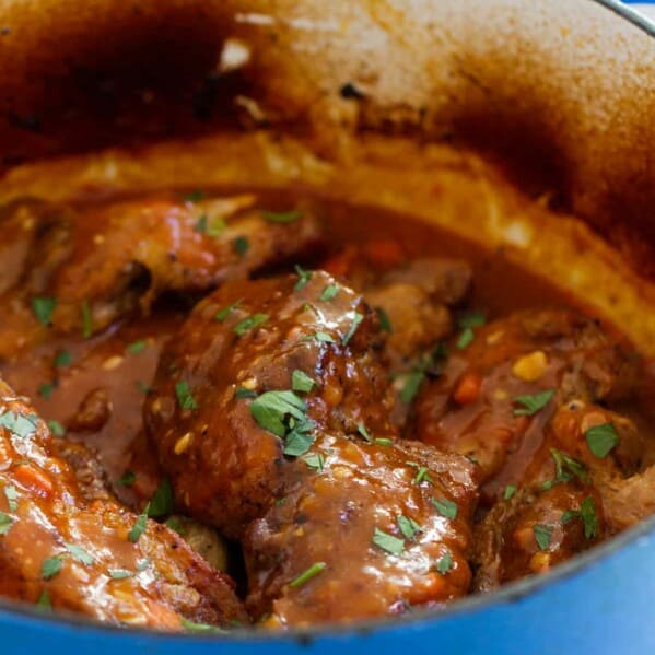 Braised Country Style Ribs in a dutch oven.