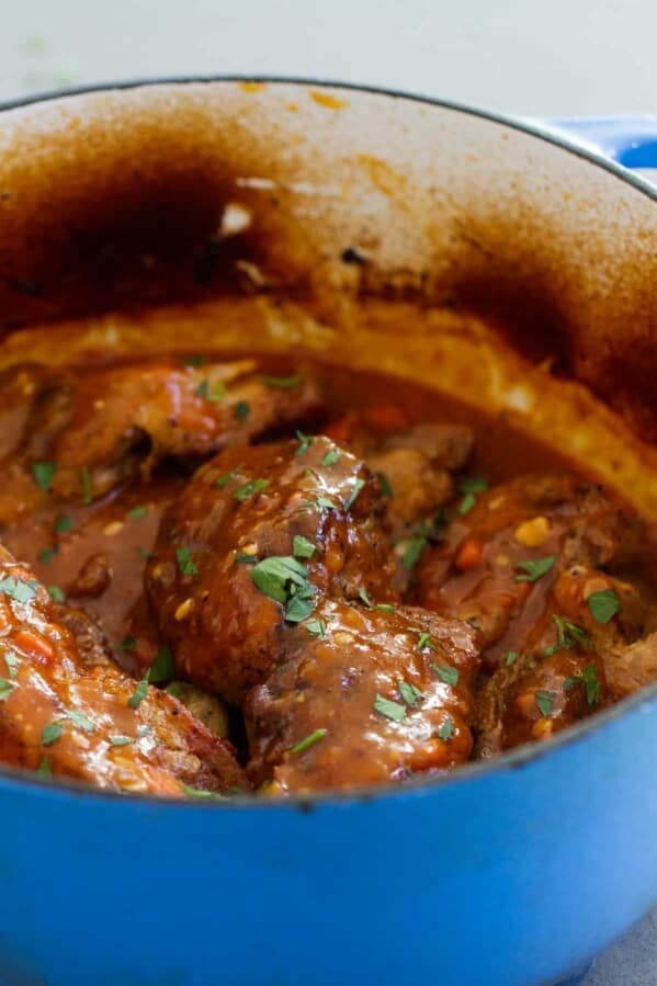 Braised Country Style Ribs in a dutch oven.