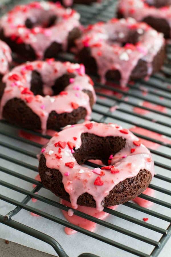 The Best Baked Chocolate Donuts with Cherry Glaze