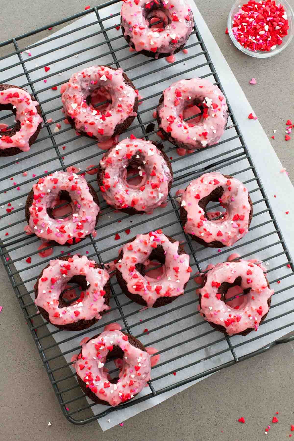 Overhead view of Baked Chocolate Donuts with Cherry Glaze