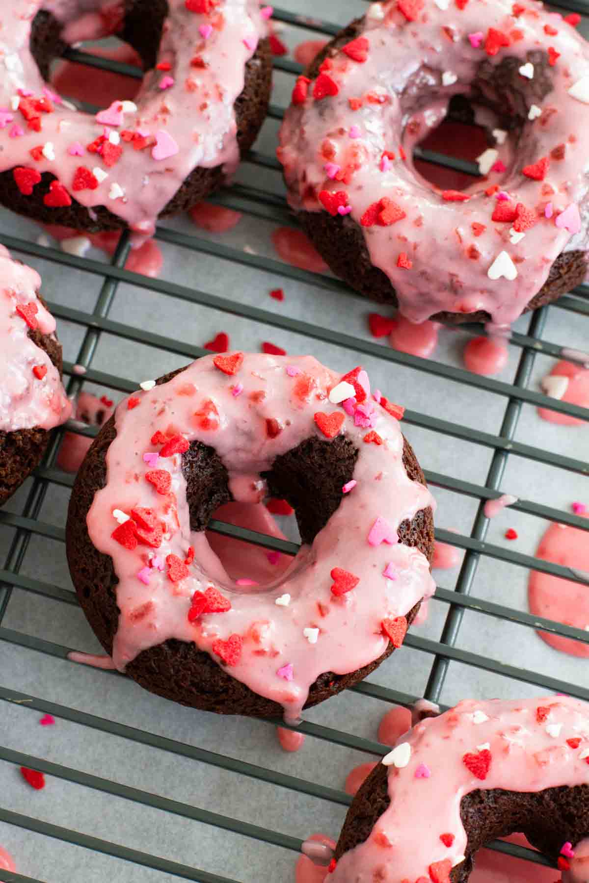 Baked Chocolate Donuts with Cherry Glaze for Valentine's Day