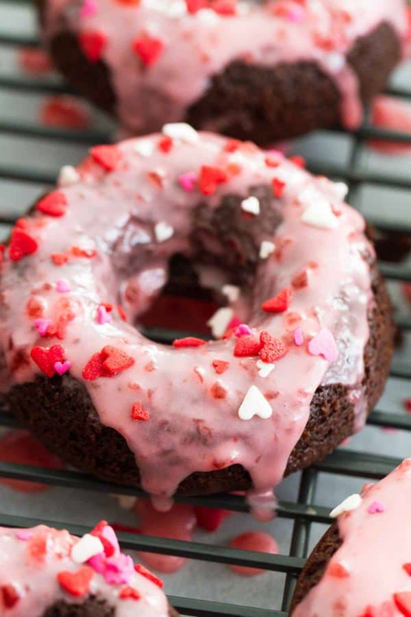 Baked Chocolate Donuts with Cherry Glaze close up