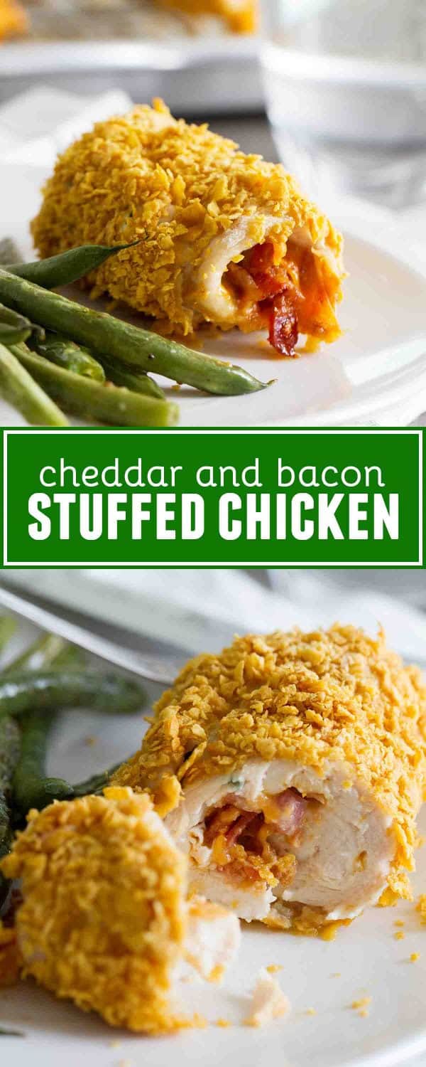 Chicken doesn’t have to be boring - this Cheddar and Bacon Stuffed Chicken is not only stuffed with goodness, but then it is coated in a crispy corn flake coating and baked.