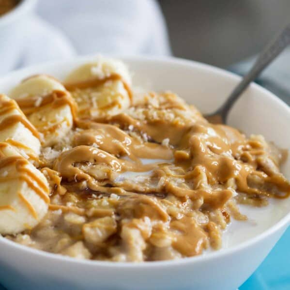 Peanut Butter, Coconut and Banana Oatmeal in a bowl