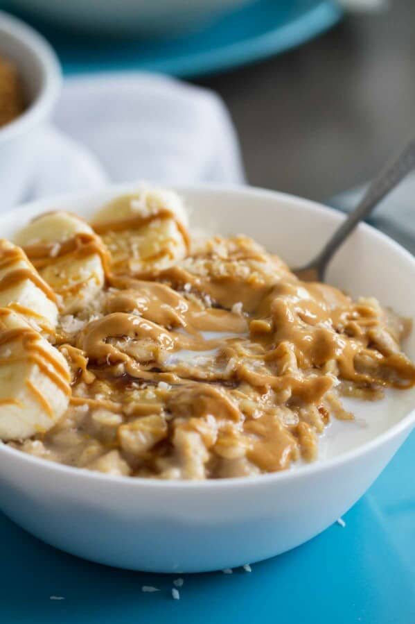 Peanut Butter, Coconut and Banana Oatmeal in a bowl