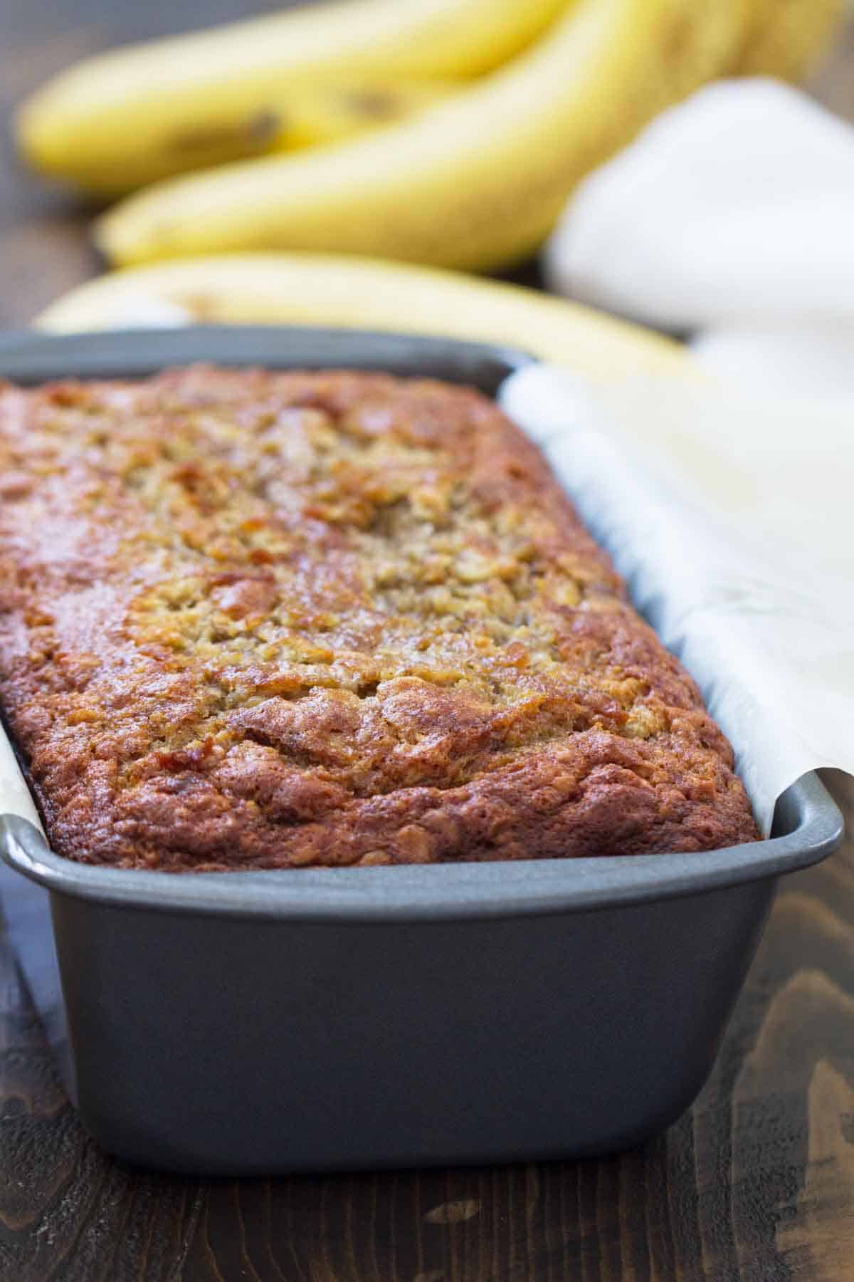 Banana Oat Bread in a pan.