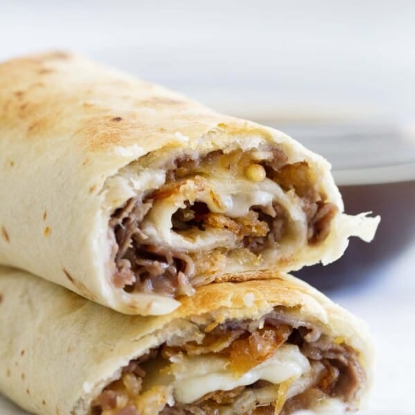 French Dip Tortilla Roll Ups cut in half and stacked