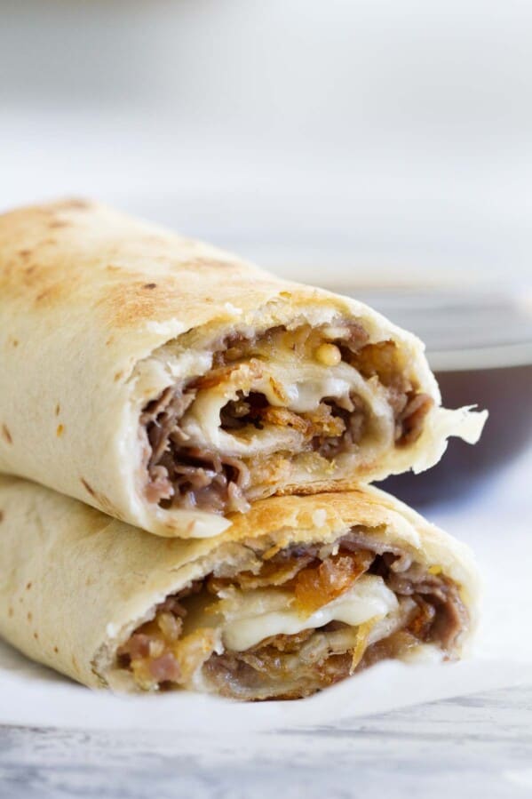 French Dip Tortilla Roll Ups cut in half and stacked