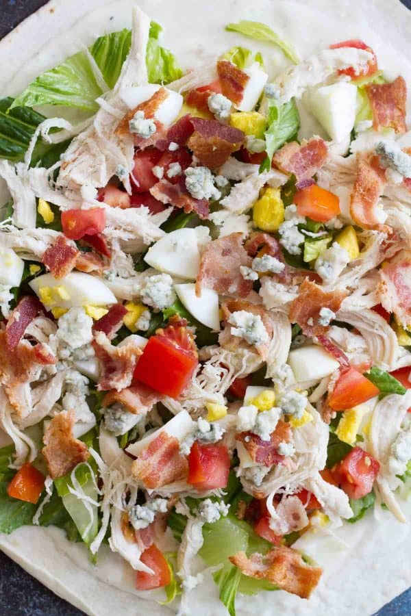 close up of Chicken Cobb Salad Wraps ingredients