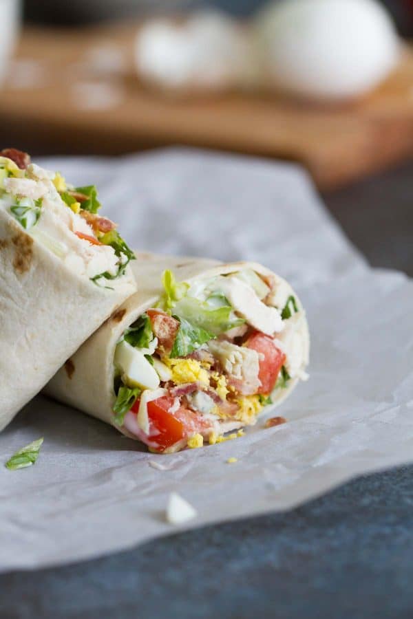chicken cobb salad wrapped up in a tortilla
