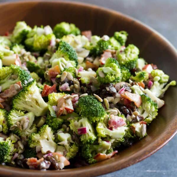 Broccoli Salad in a wooden bowl