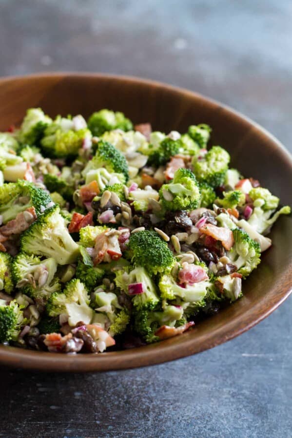 Broccoli Salad in a wooden bowl