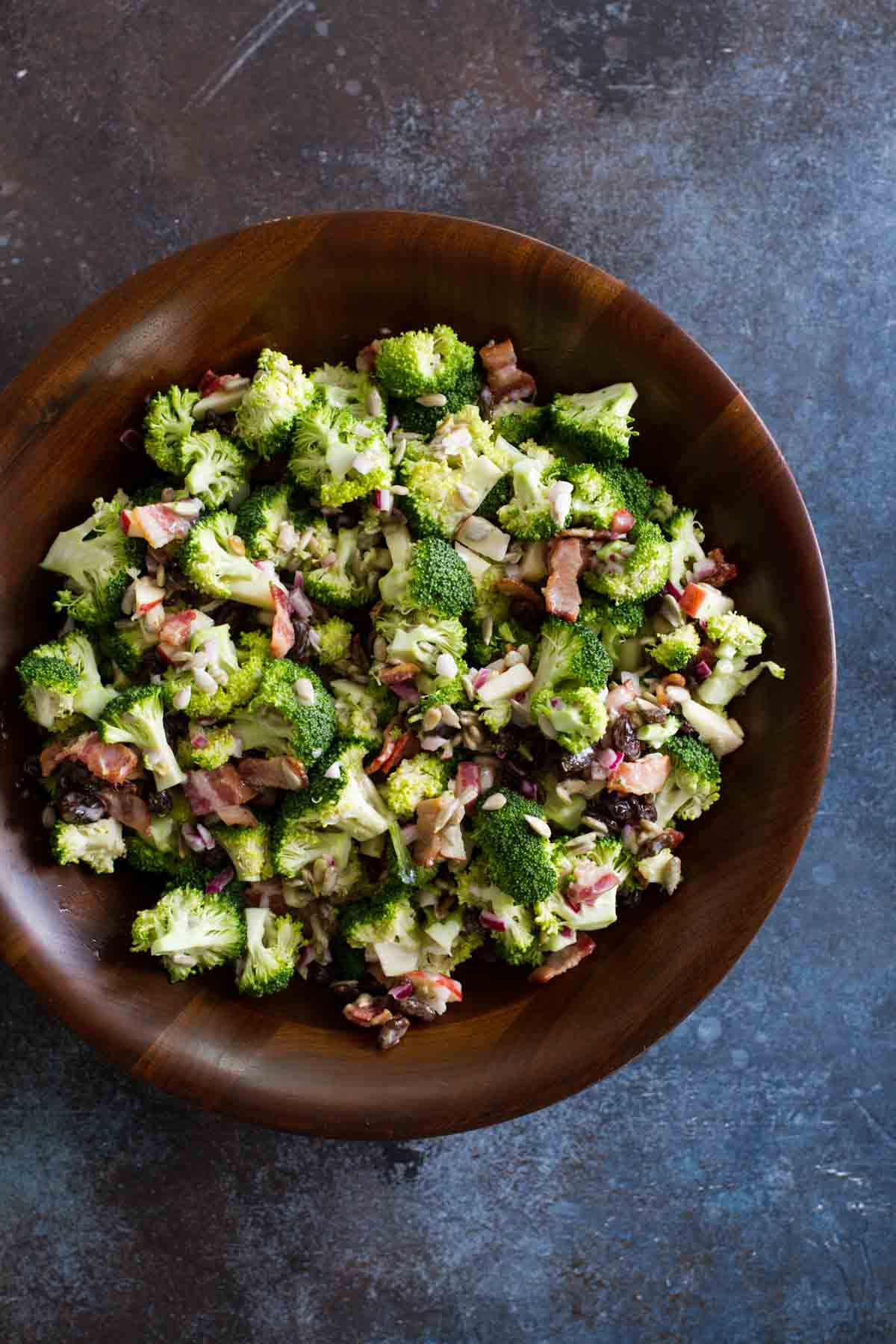 Broccoli salad with bacon, apples, and sunflower seeds