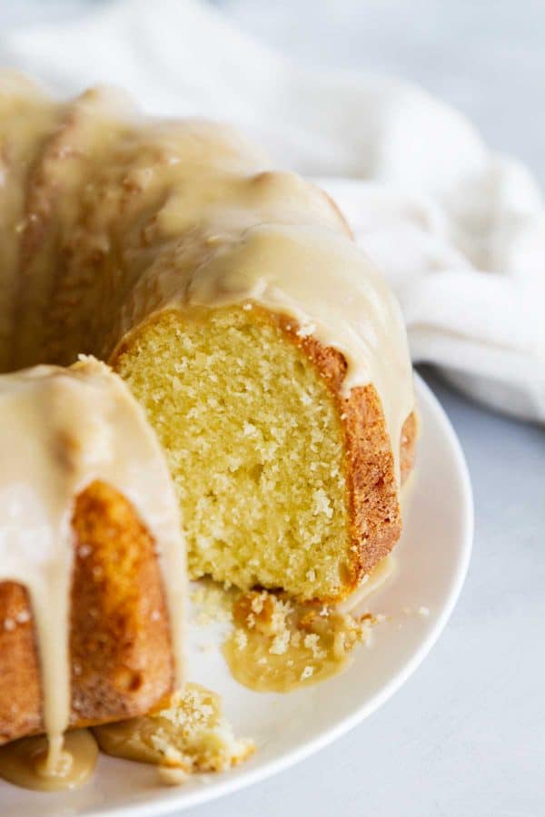 Slice of Buttermilk Pound Cake with Caramel Icing