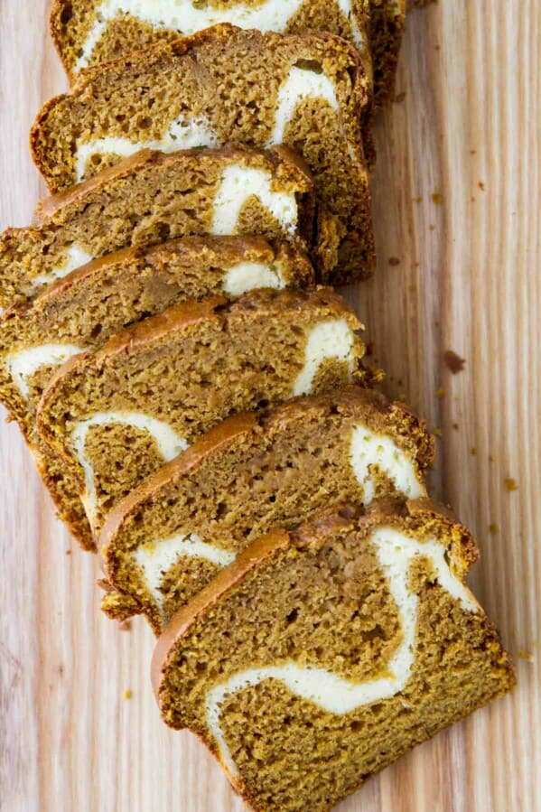 sliced cream cheese pumpkin bread.