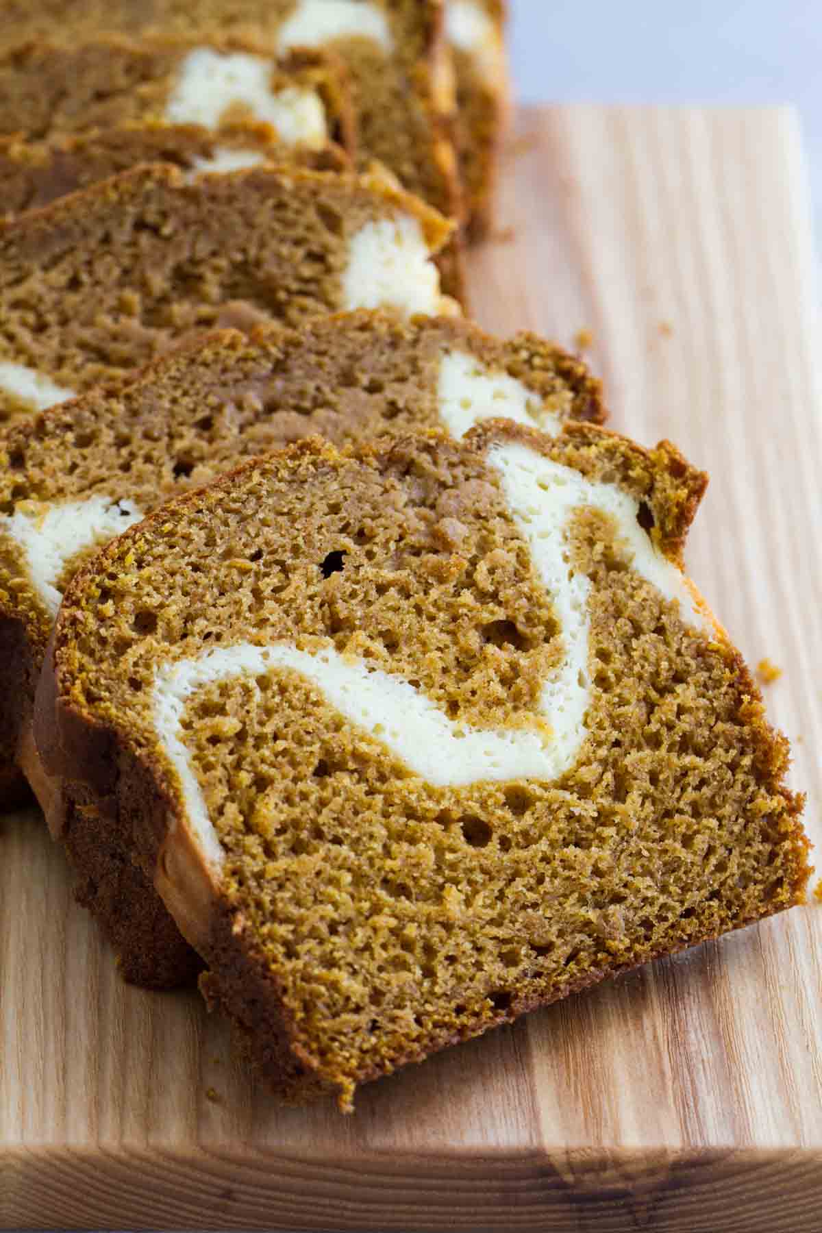 Slices of pumpkin Bread Recipe with Cream Cheese Center.