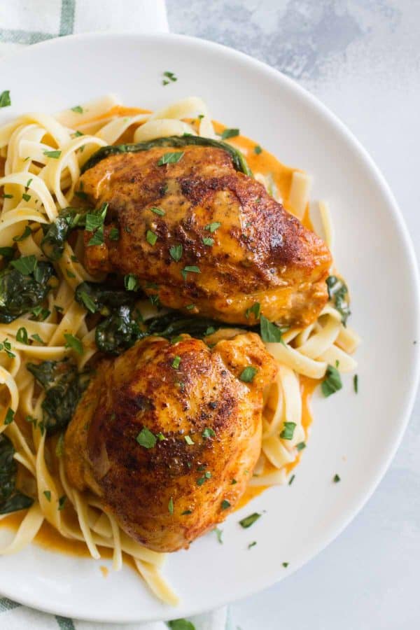 Two garlic paprika chicken thighs made in the instant pot.
