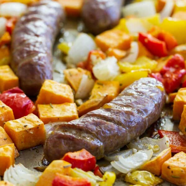 Sheet Pan Italian Sausage and Peppers Recipe with Sweet Potatoes