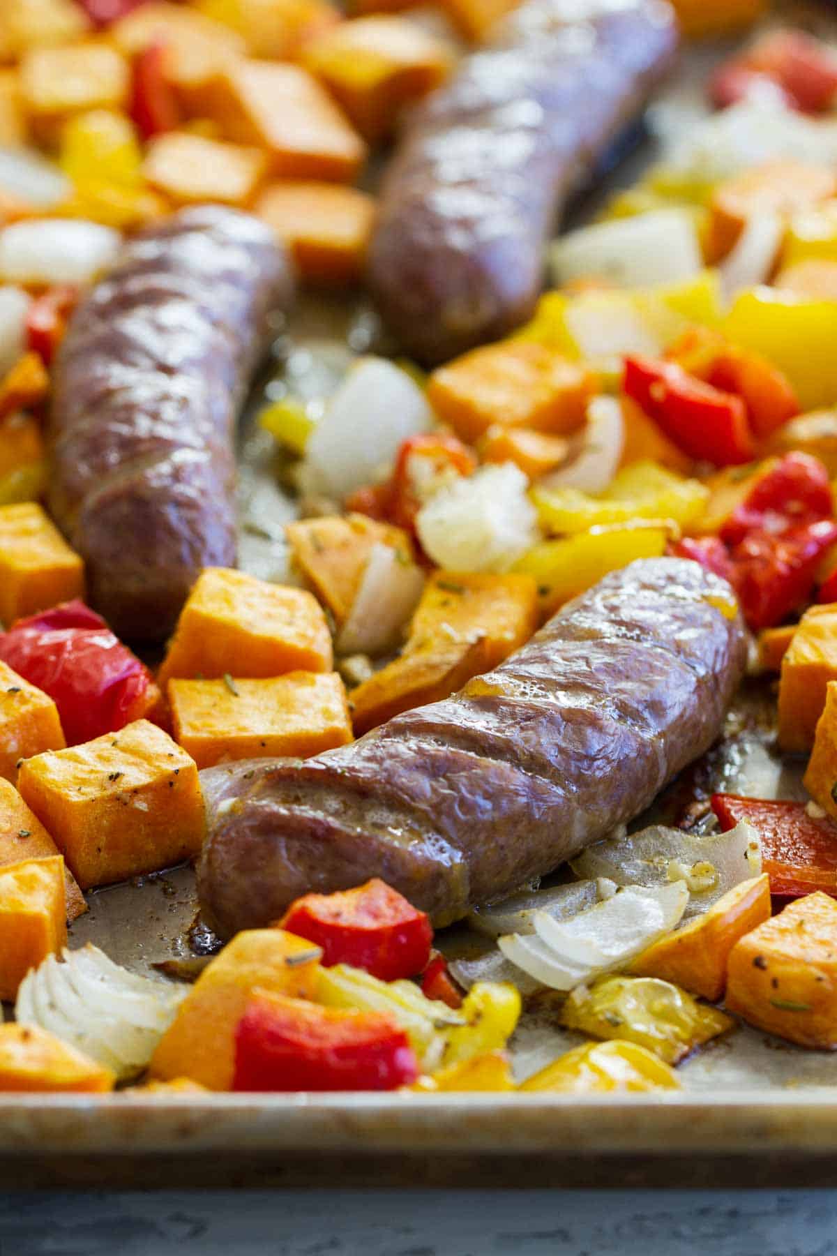 Sheet Pan Italian Sausage and Peppers Recipe with Sweet Potatoes